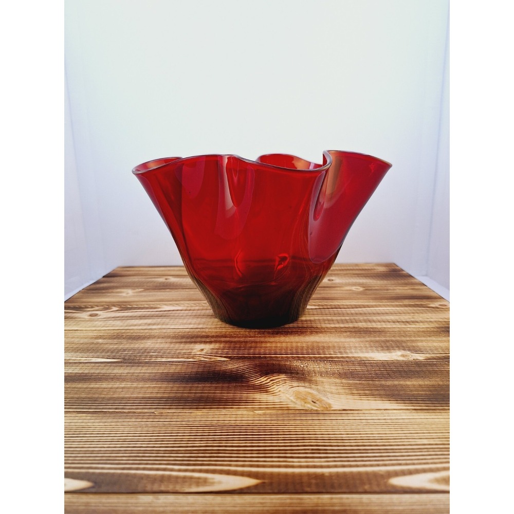 Vintage Ruby Red Footed Ruffled Glass Candy‎ - Fruit Dish 5.5" Tall 8.5" Wide